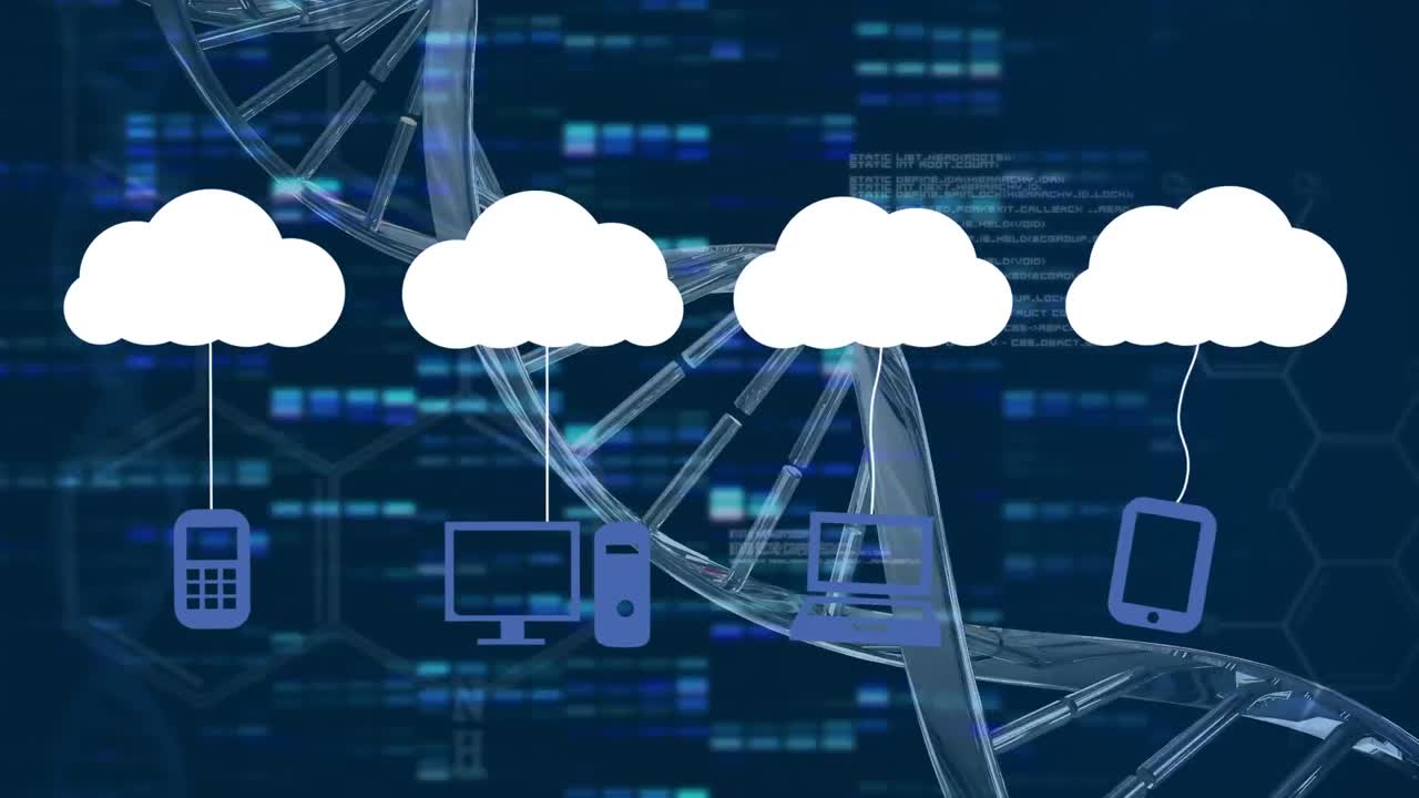 animación de iconos de nubes y procesamiento de datos sobre un fondo oscuro