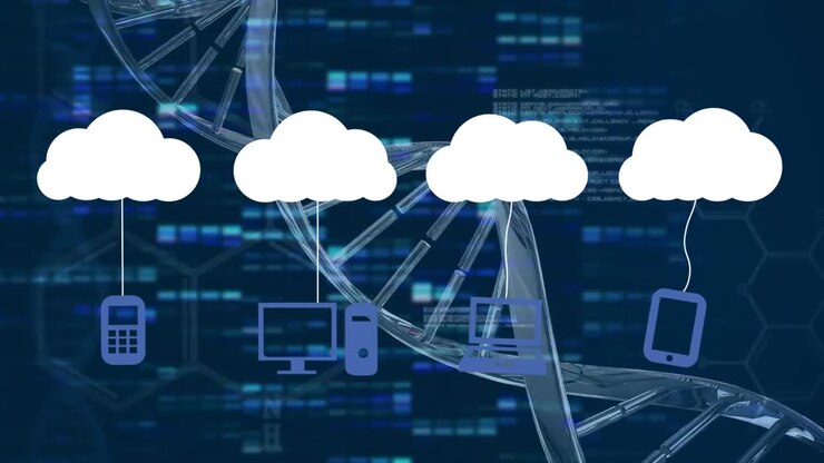 Animation of cloud icons and data processing over dark background