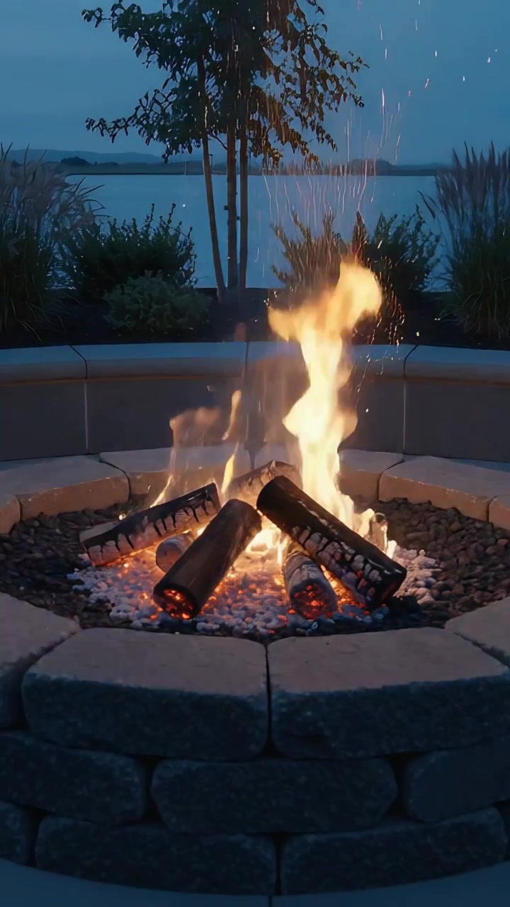 Vertical video: Stirring breeze lifting burners' flames, sending embers over lakeside patio at dusk
