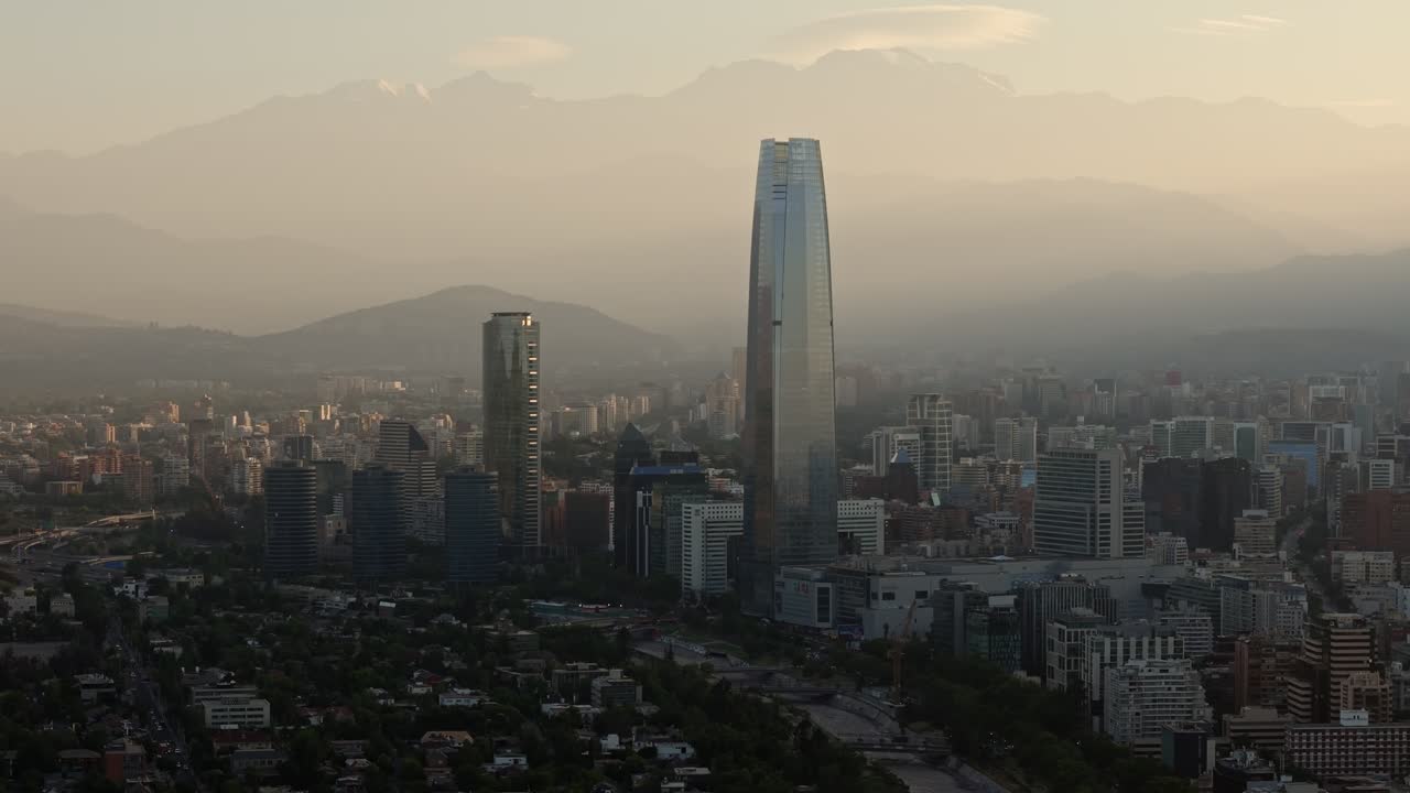 Aerial shot of Costanera Center skyscraper in Sanhattan, Santiago, Chile