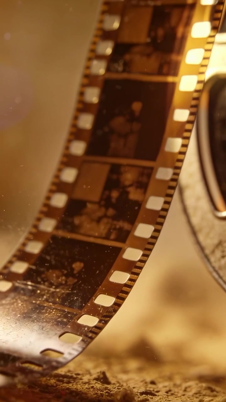 Video verticale: Tirando il bordo di una bobina, una pellicola da 35mm si muove su un tavolo sabbioso per essere avvolta, mostrando i fotogrammi.
