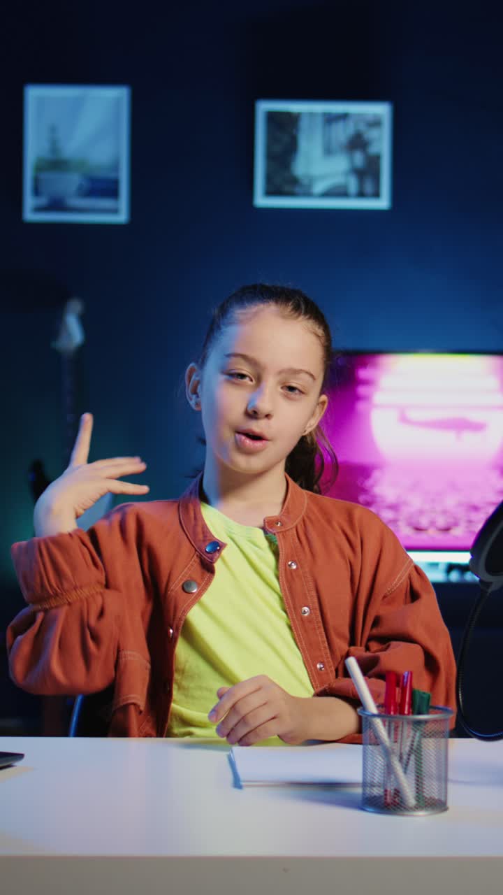 Video verticale Bambina che gira un video per il suo canale online appena aperto, presentandosi al pubblico