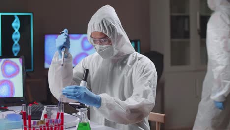asian doctor is doing a science experiments and developing vaccine in a modern laboratory. genetic engineers workplace. the concept of science and medicine
