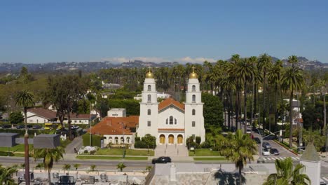 beautiful aerial over a gorgeous church on a bright sunny day