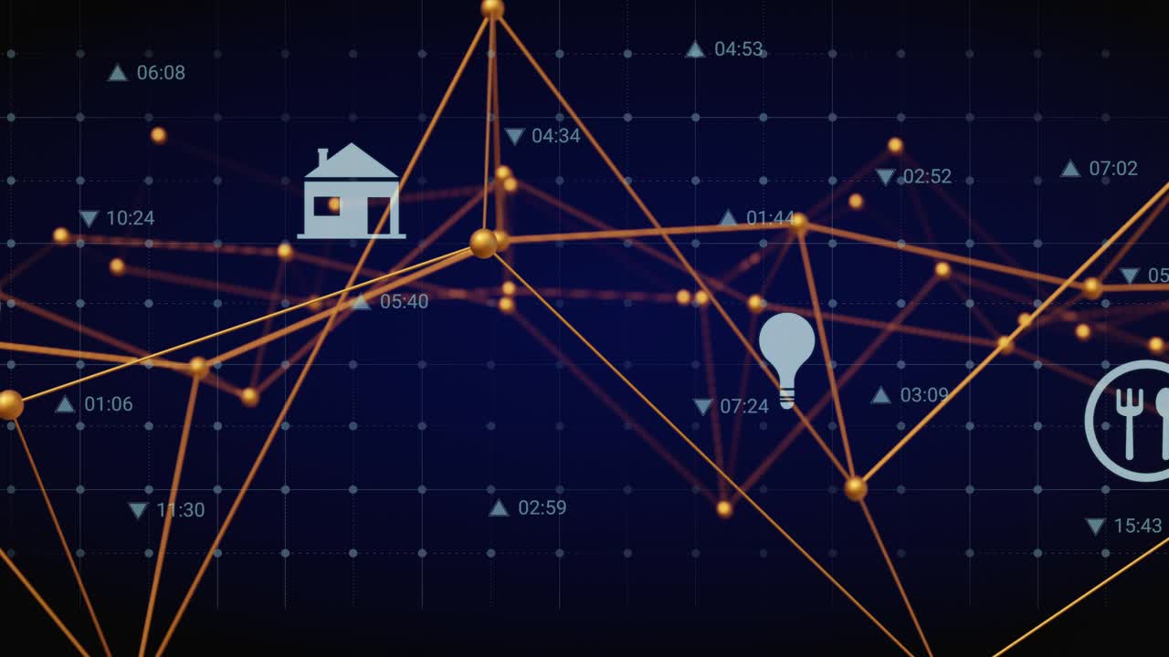 Nodi luminosi e polilinea che rispondono a picchi di timecode, pulsando e mostrando icone che segnano i picchi