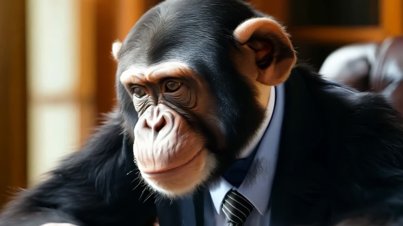 un chimpancé con un traje y corbata sentado en una mesa