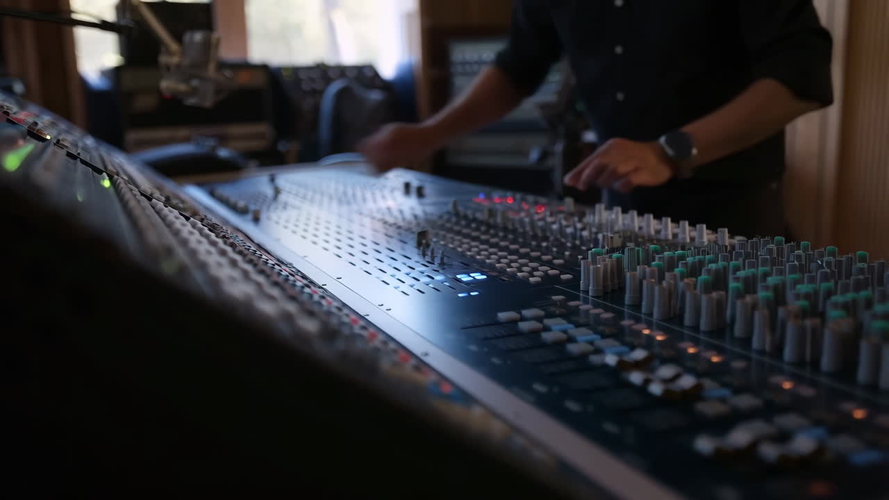 A person working on an audio mixing console in a recording studio