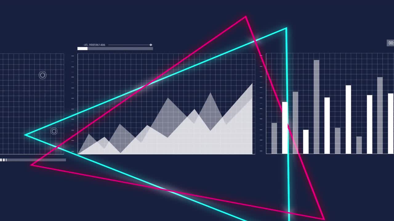 Animation of triangle over graphs, map and loading bars against black background