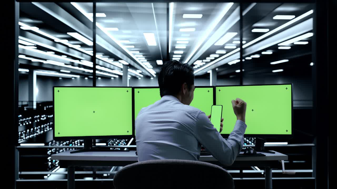 especialista celebrando el éxito en la sala de servidores