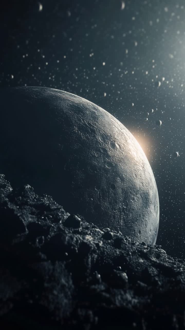 A cinematic video still of a moonlit planet surface, captured from a low angle, with stars