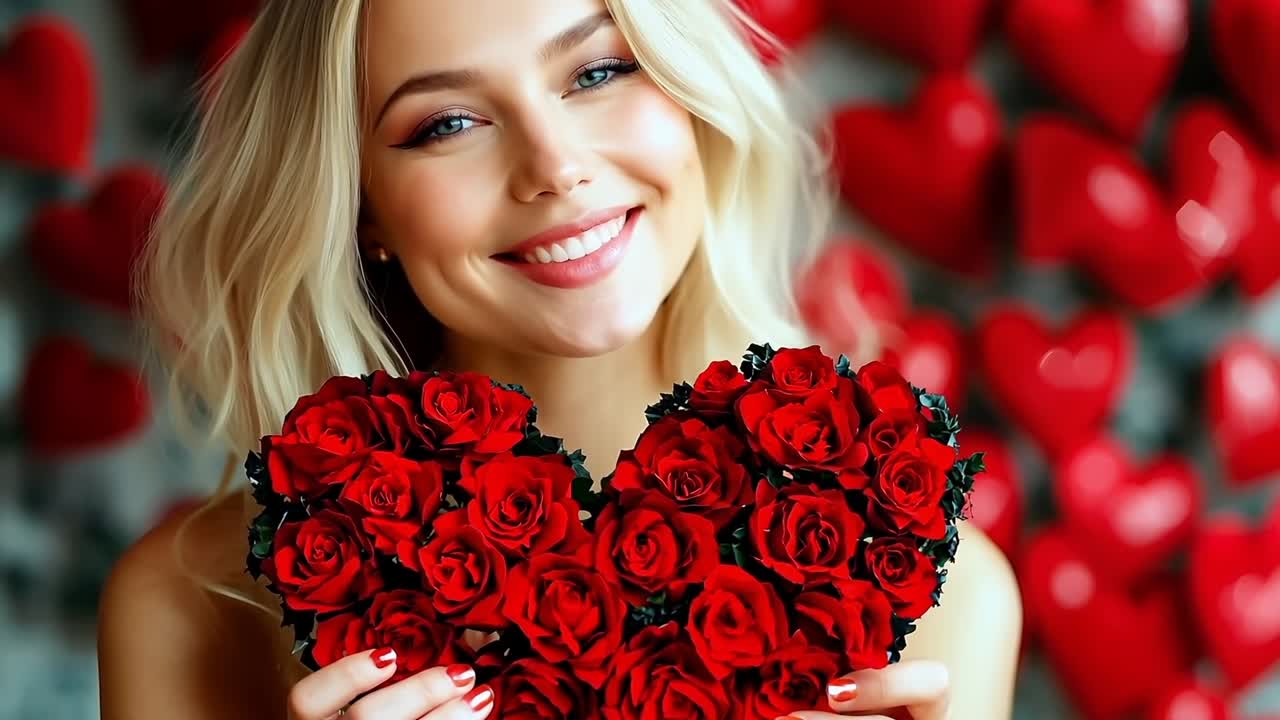 은 장미의 심장 모양의 꽃받침을 들고 있는 여자