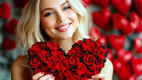 una mujer sosteniendo un ramo de rosas rojas en forma de corazón