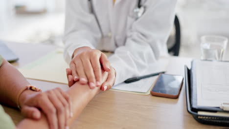 doctor, patient and holding hands for cancer