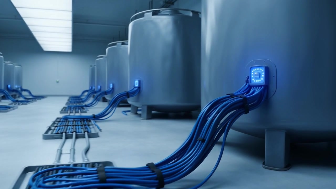 Futuristic Data Center with Glowing Tanks and Network Cables