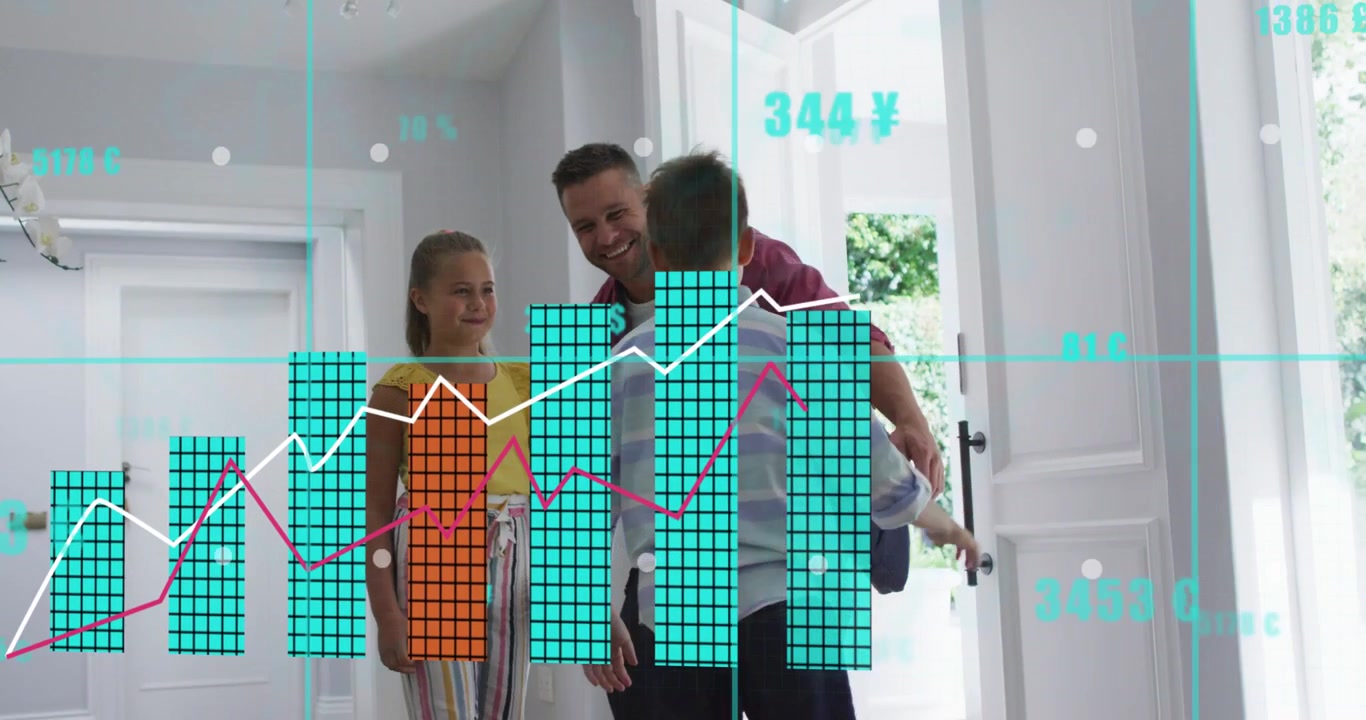 Dad entering foyer with bag, kids greeting, data overlay growing with bars, family seen behind