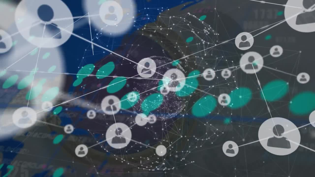 검은색 배경에 데이터 처리에 대한 아이콘으로 연결 네트워크의 애니메이션