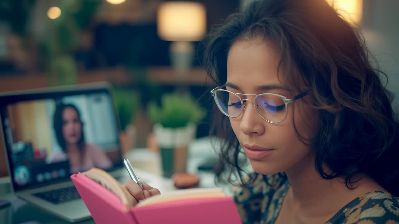 Connecting remote call leading Hispanic woman writing notes at home desk, with pen on pink notebook