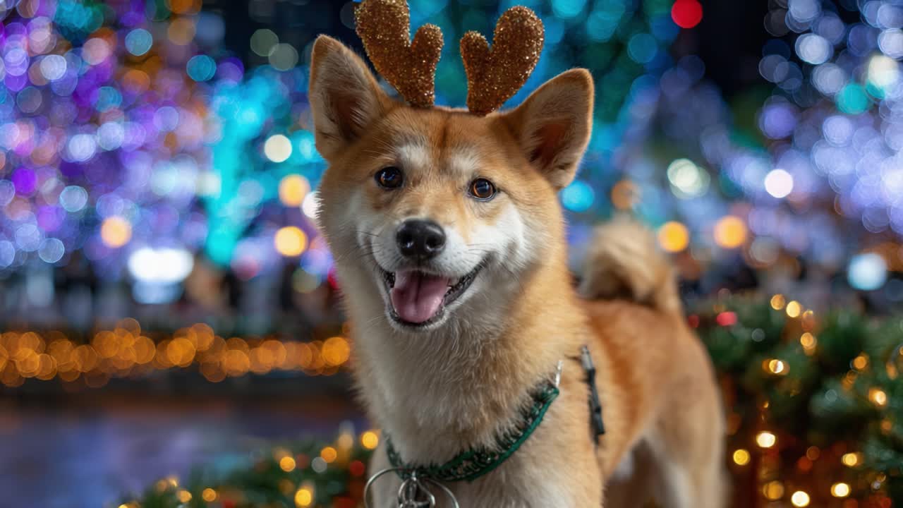 A Joyful Shiba Inu Adorned with Sparkling Antlers, Captured Against a Festive Background of Colorful Lights and Holiday Cheer