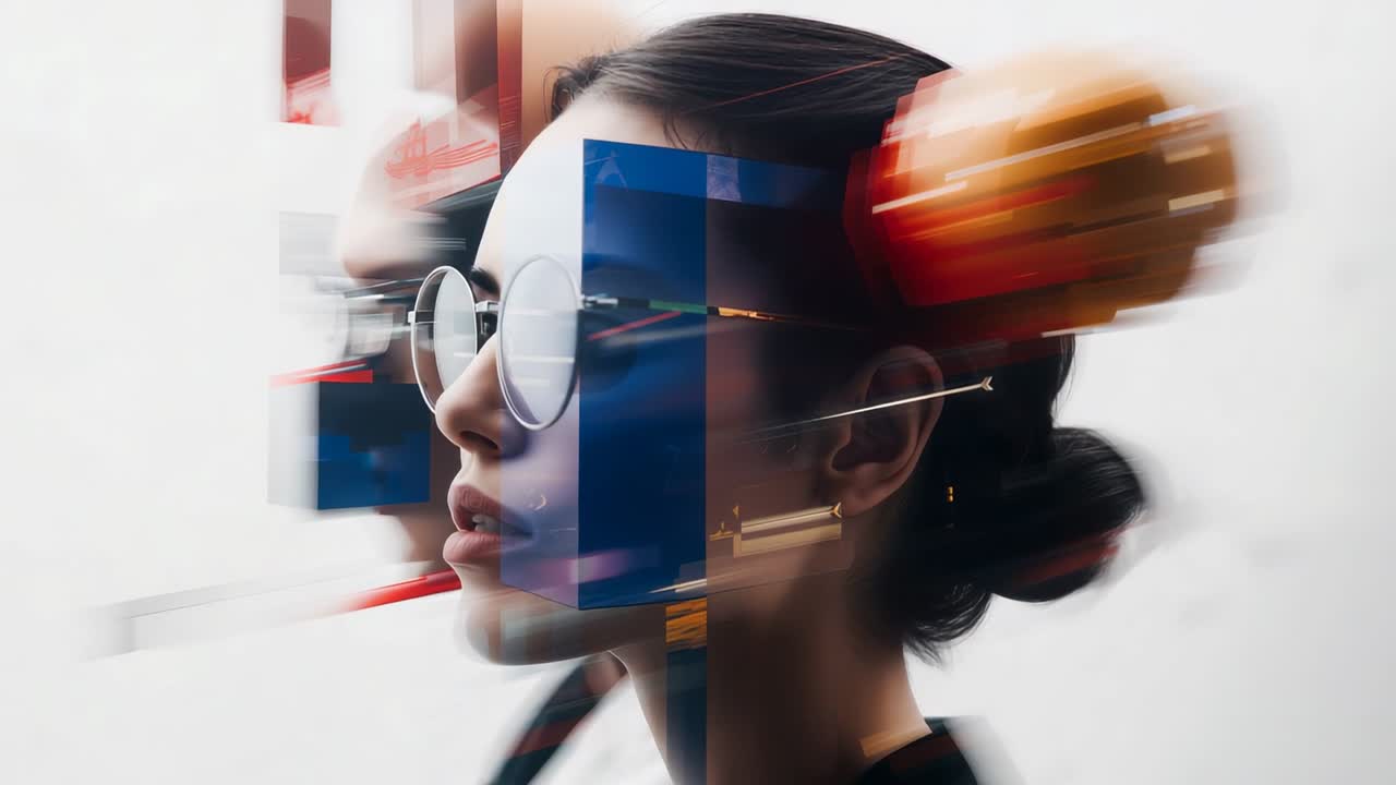 On play glitch shapes sliding across woman facing right in studio wearing blazer and glasses