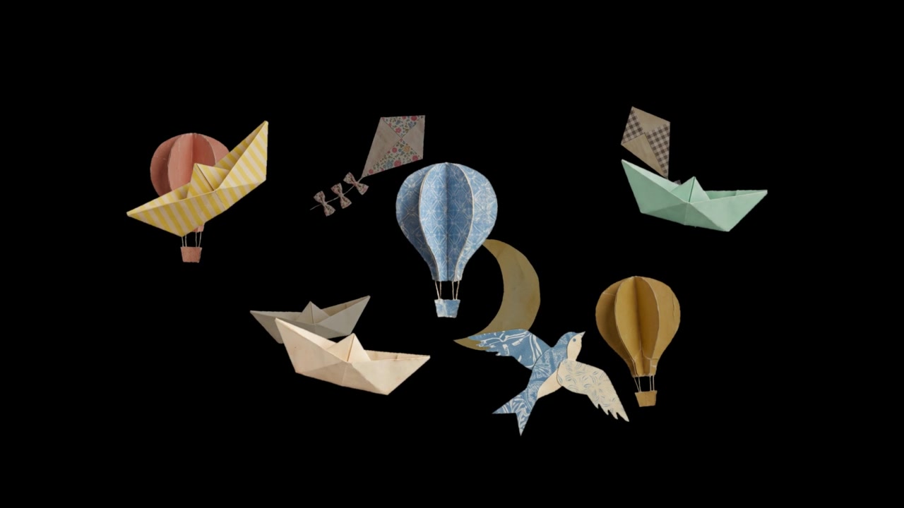 Animated Paper Craft Elements Floating Against Black Background