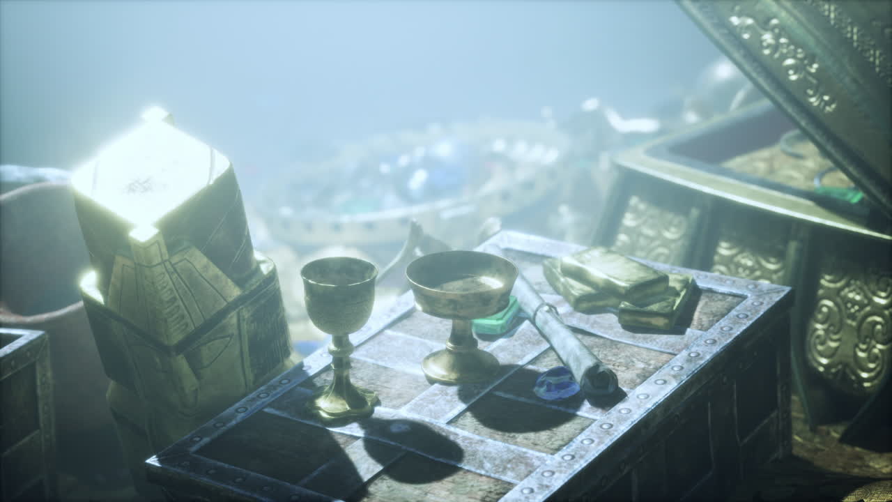 황금 동전, 보석, 황금 잔으로 가득 찬 상자