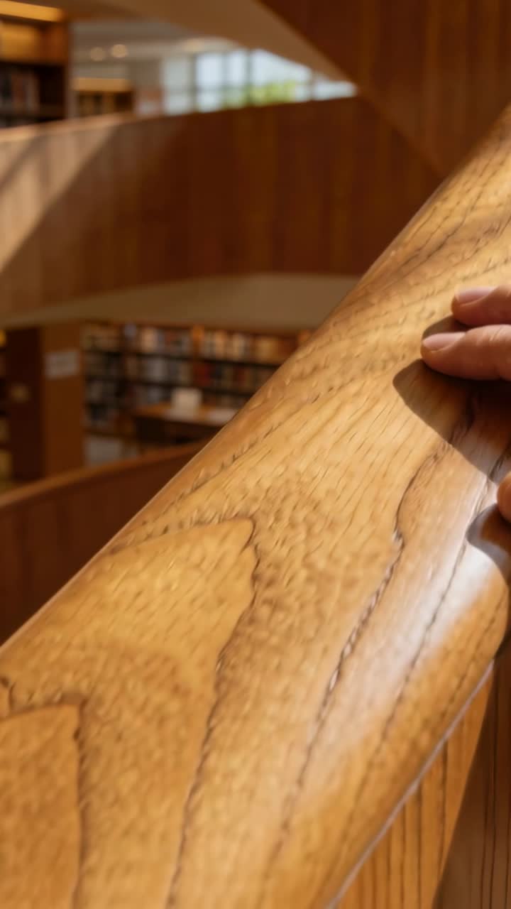 Video vertical: Cámara encuadrando una mano derecha deslizándose sobre una barandilla de madera en una biblioteca, mostrando la veta de la madera