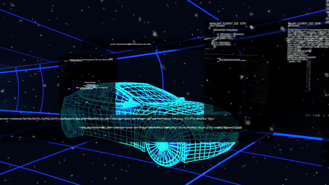 자동차와 그리드의 3d 드로잉 모델에 대한 데이터 처리 애니메이션