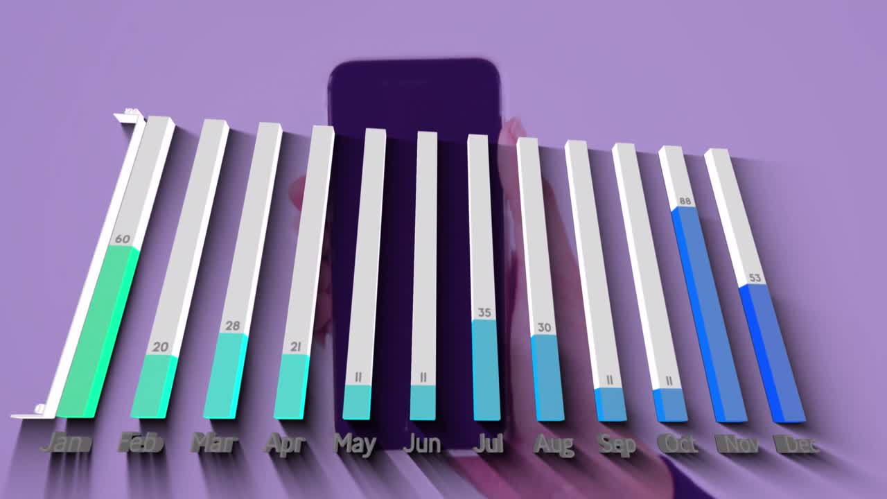 스마트폰을 들고 있는 백인 남성 위의 그래프로 데이터 처리의 애니메이션