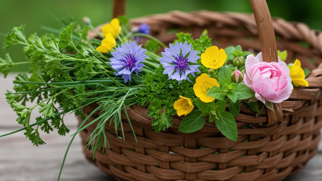 A Vibrant Display of Colorful Wildflowers and Fresh Herbs Artfully Arranged in a Rustic Woven Basket, Highlighting Nature's Beauty and Seasonal Splendor