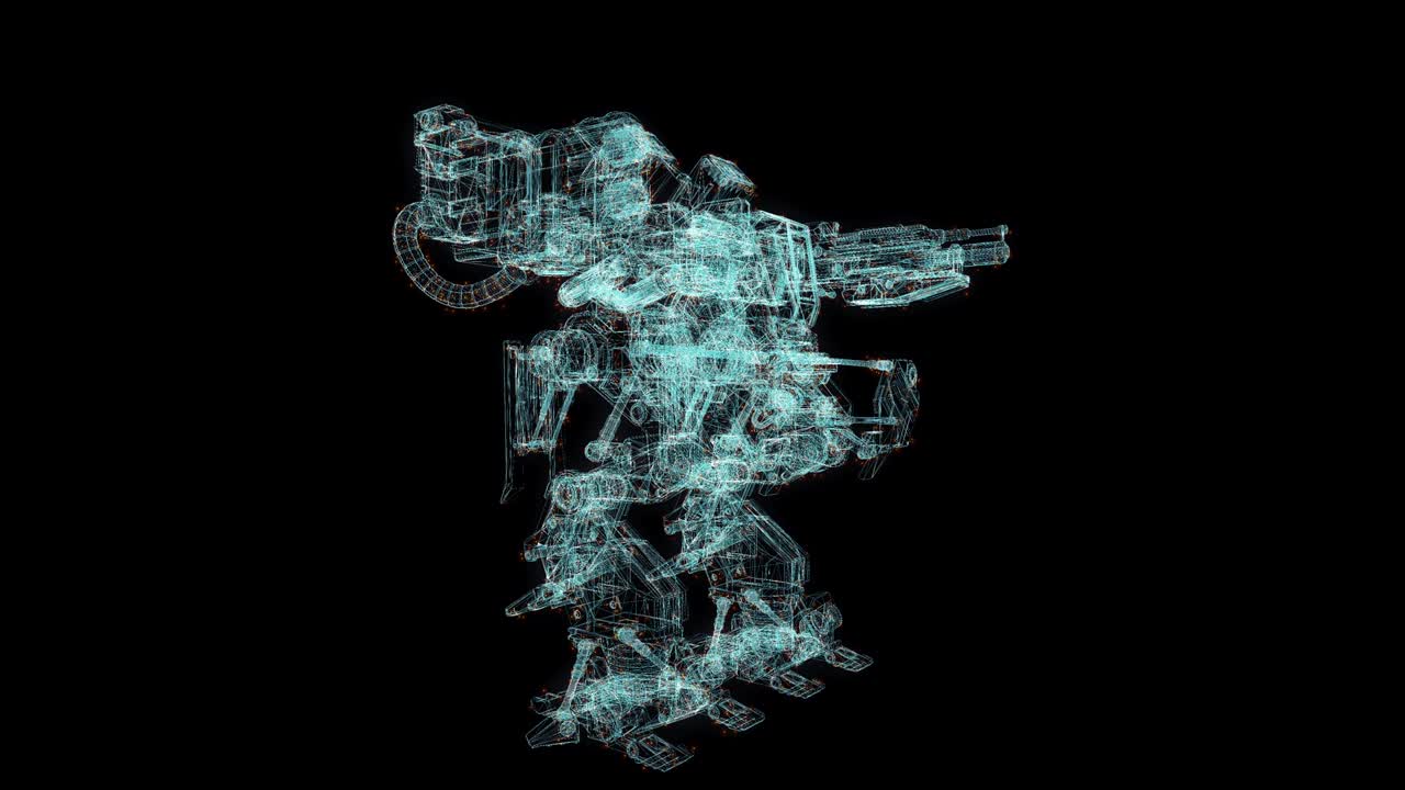 soldado robot holograma wireframe. buena animación 3d en un fondo negro con un bucle sin costuras para proyectos de futurismo