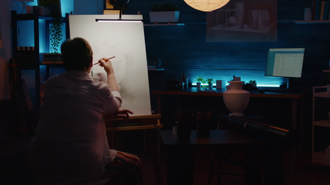 Retired artist using art and craft tools to draw artistic sketch