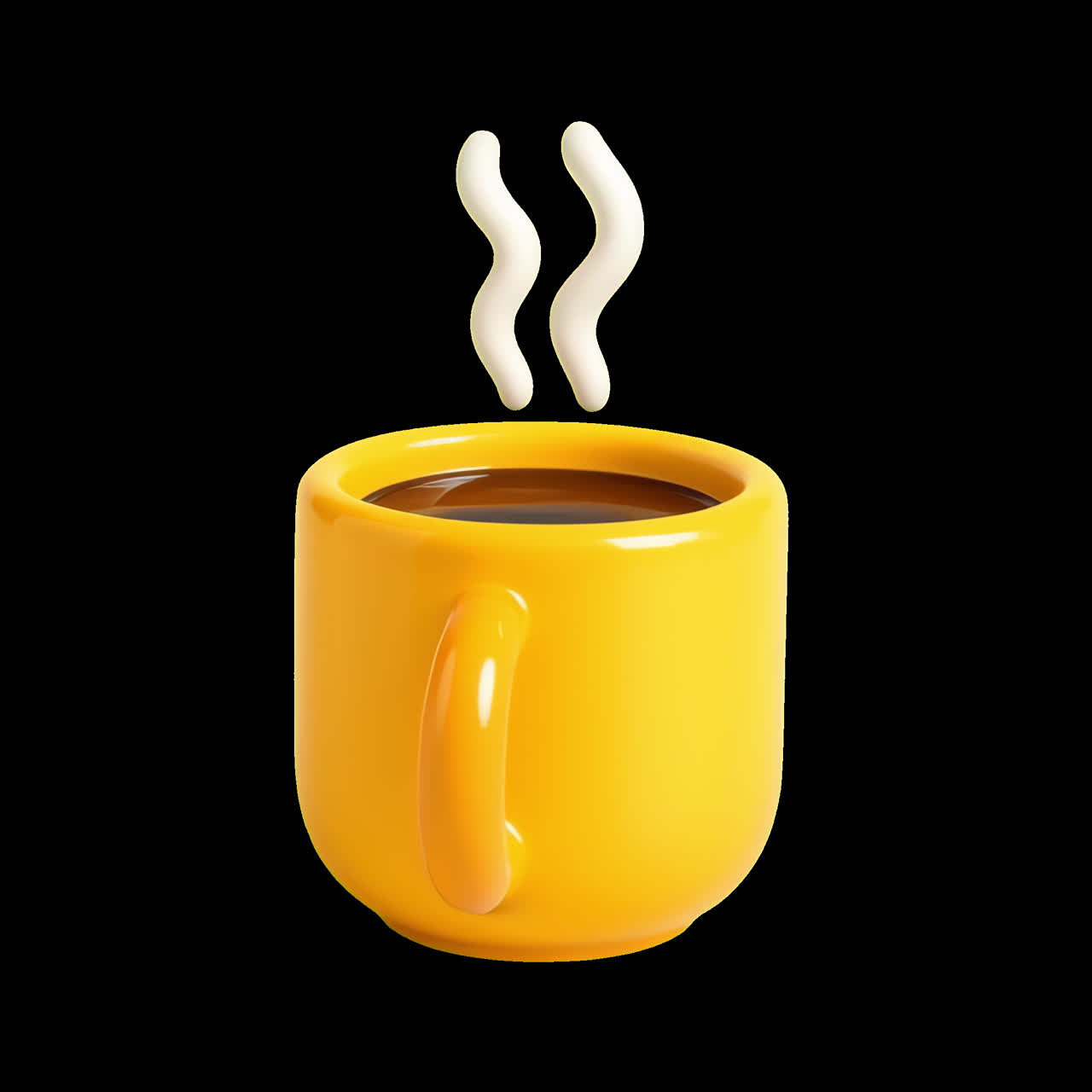 Bright yellow steaming coffee cup animation isolated asset, transparent 4K video, alpha channel