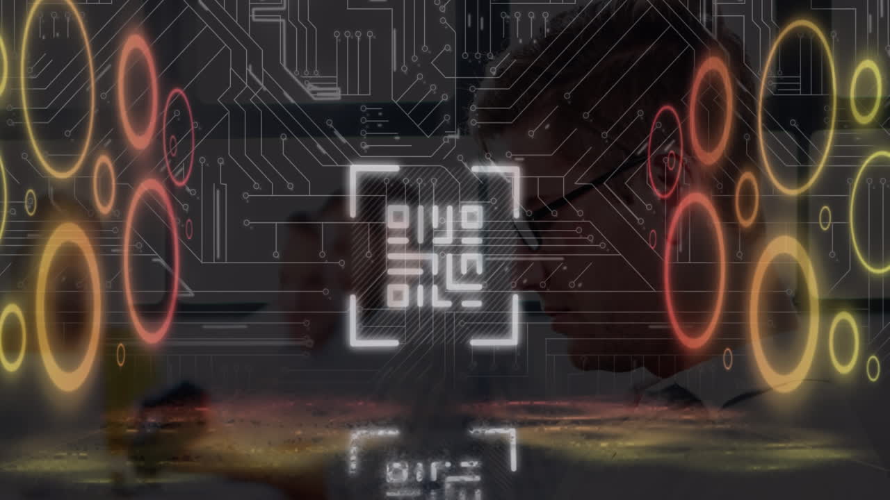 Animation of qr code, circles and integrated circuit over dark space