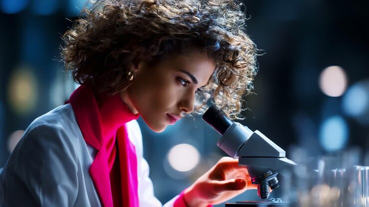 Uno scienziato dedito che osserva attentamente attraverso un microscopio, evidenziando l'importanza della ricerca e della scoperta nel mondo della scienza e dell'innovazione
