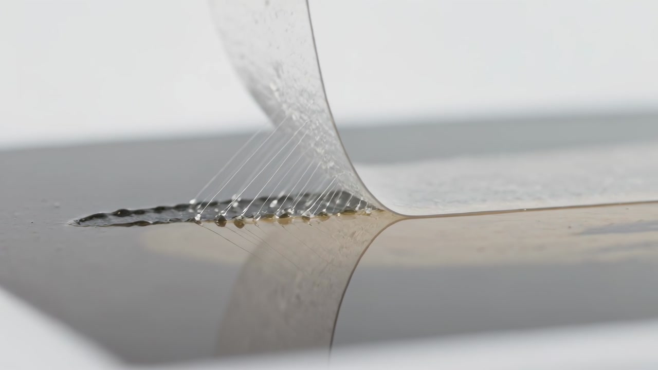 Peeling clear sticky film lifting from corner on glossy glass in studio, forming fibrils and beads