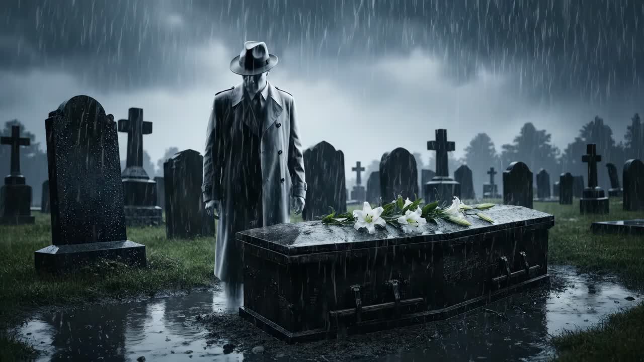 A Somber Funeral Scene in the Rain