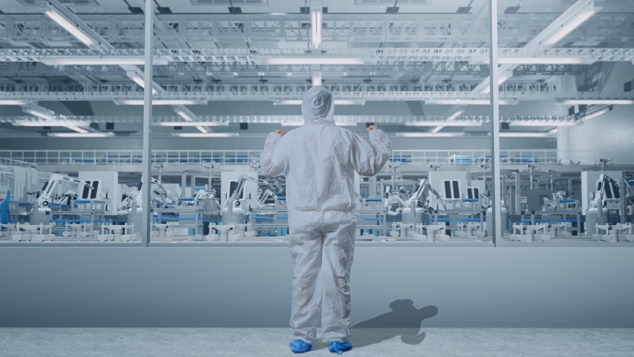 vista trasera del cuerpo completo del científico masculino asiático celebrando el éxito mientras está de pie en una fábrica de laboratorio moderno con robots automatizados