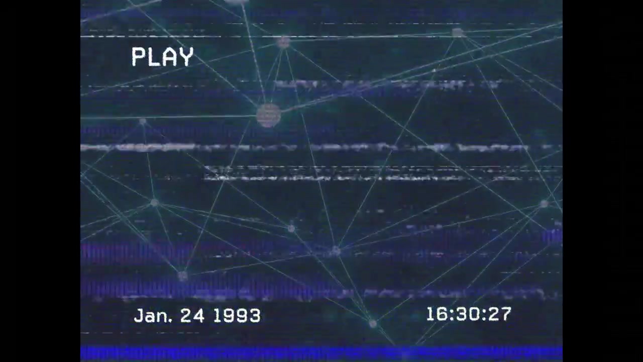 PLAY starting playback, network nodes shifting, noise wobbling, timestamp updating, simulating VHS