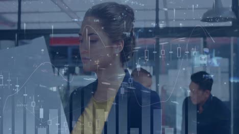 animation of statistics and data processing over businesswoman