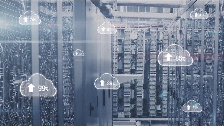 Animation of network of icons and connections, data processing and digital information in a server r