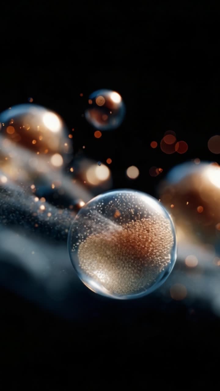 Close-up View of Floating Bubbles with Glimmering Light Reflections in a Dark Background, Capturing the Ethereal Beauty and Intricate Details of Each Sphere