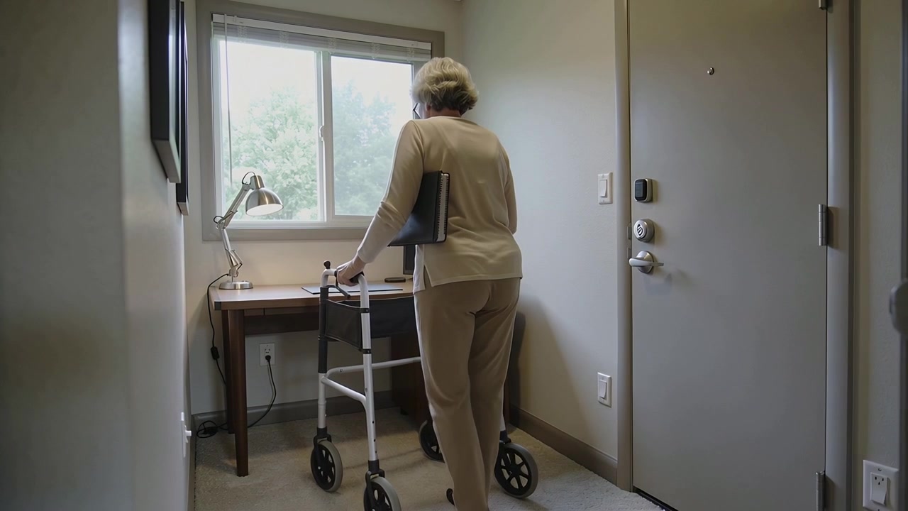 Entering room, senior woman using wheeled walker moving toward desk at window for work with folder