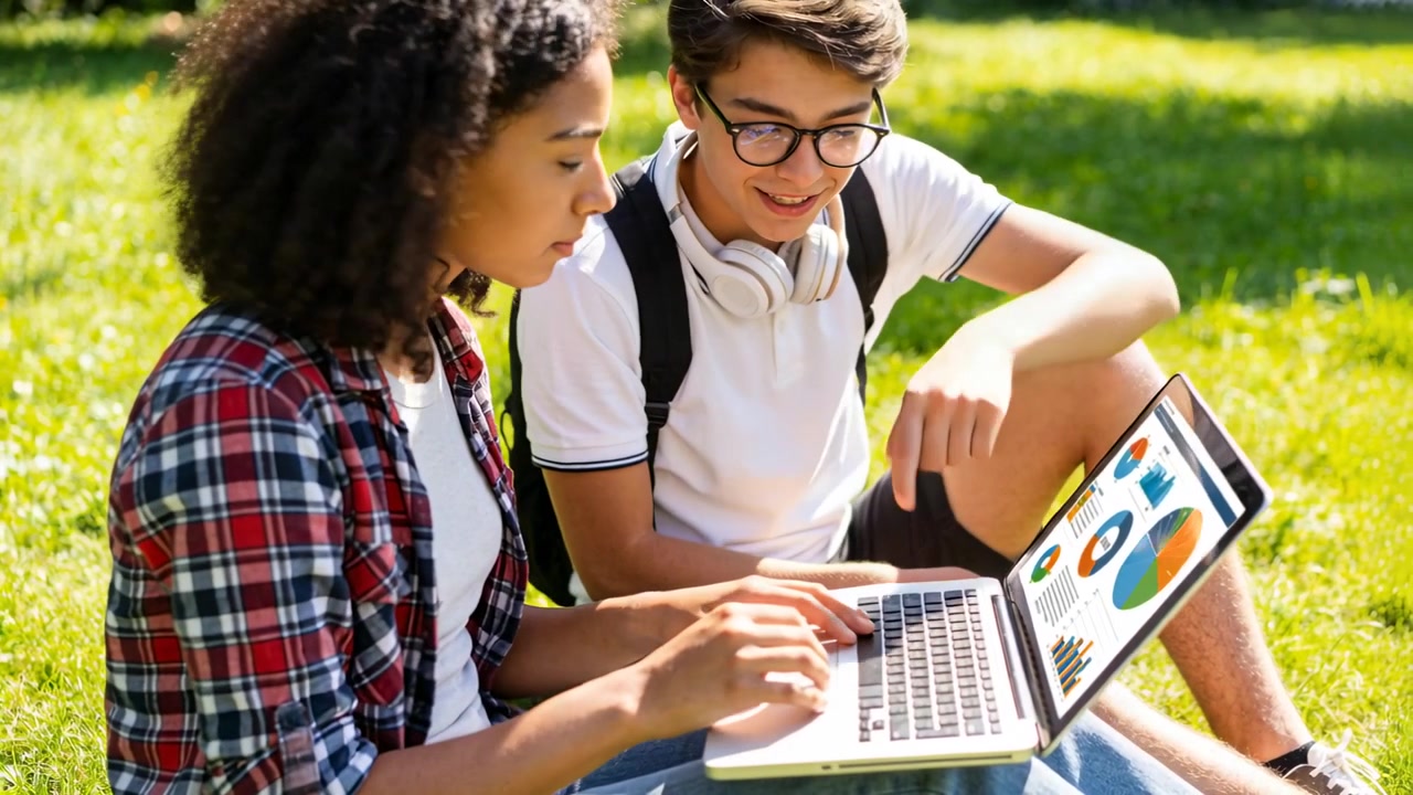 Leaning male pointing at laptop, guiding typing female on campus lawn for class project with charts