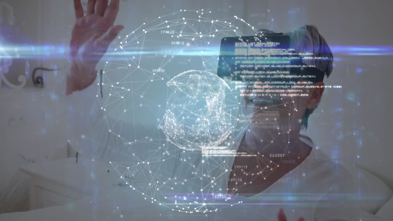 연결 및 데이터 처리와 함께 지구의 애니메이션 vr 헤드 ⁇ 에 사업가