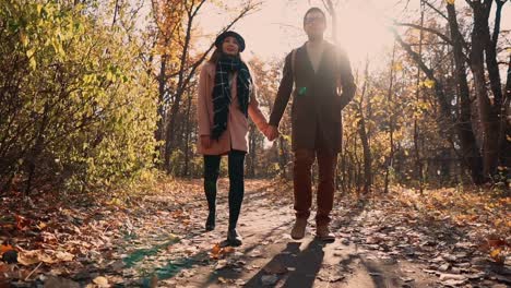 couple walking hand in hand in autumn park