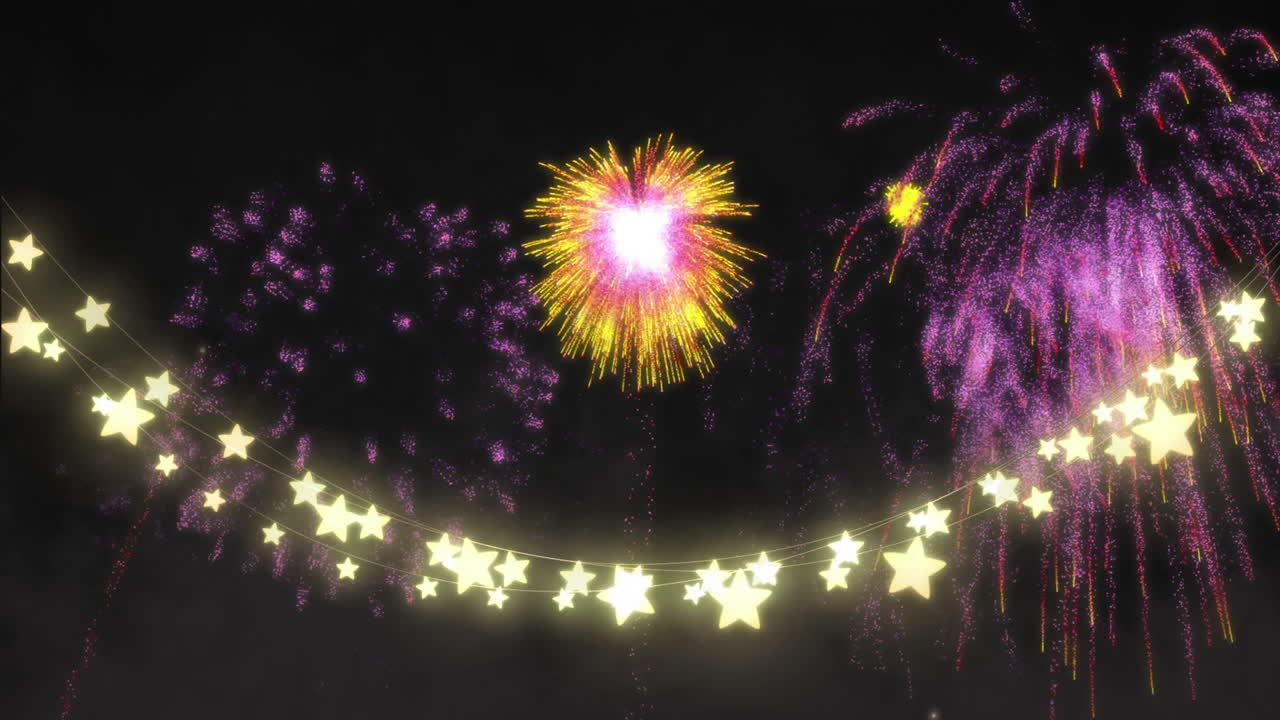 Bursting colorful fireworks over glowing star-shaped lights in night sky animation