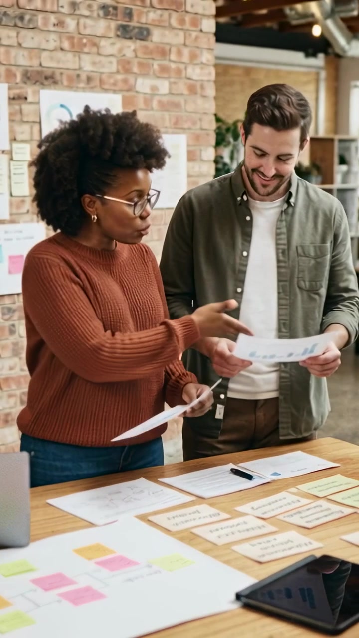 Vertical video: Starting woman in brown-sweater leading man sorting index cards at table for plans
