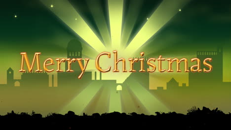 animation of merry christmas text over city and shooting star on green background