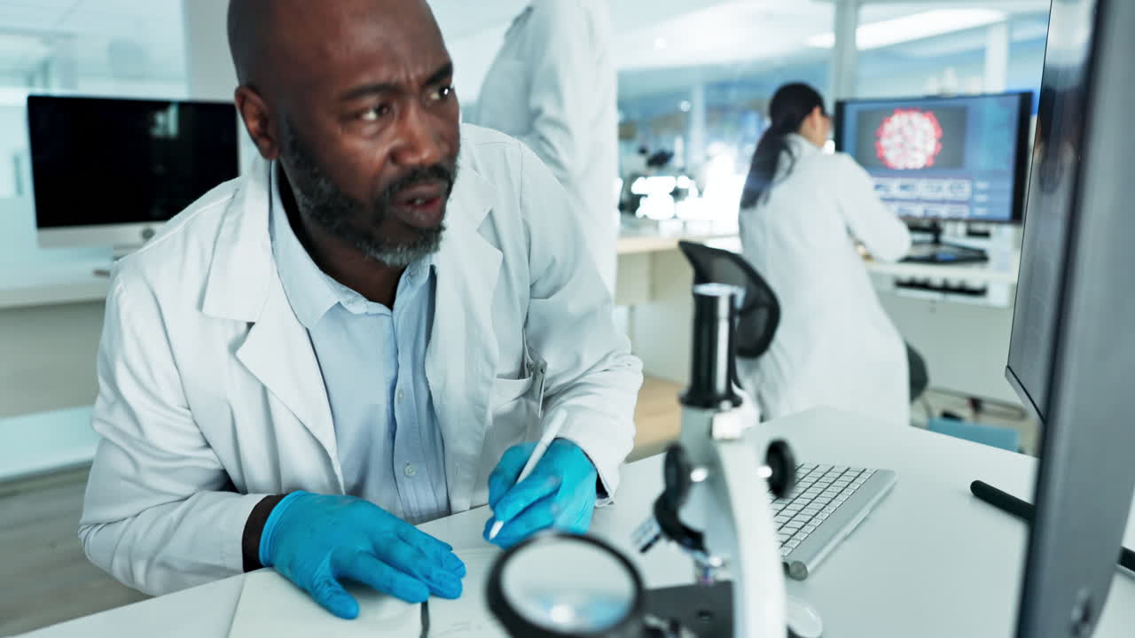Computer, black man or scientist writing