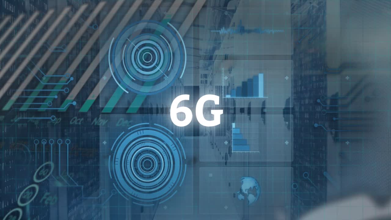 animación de texto y procesamiento de datos de 6g en gráficos y gráficos a través de la sala de servidores de computadoras